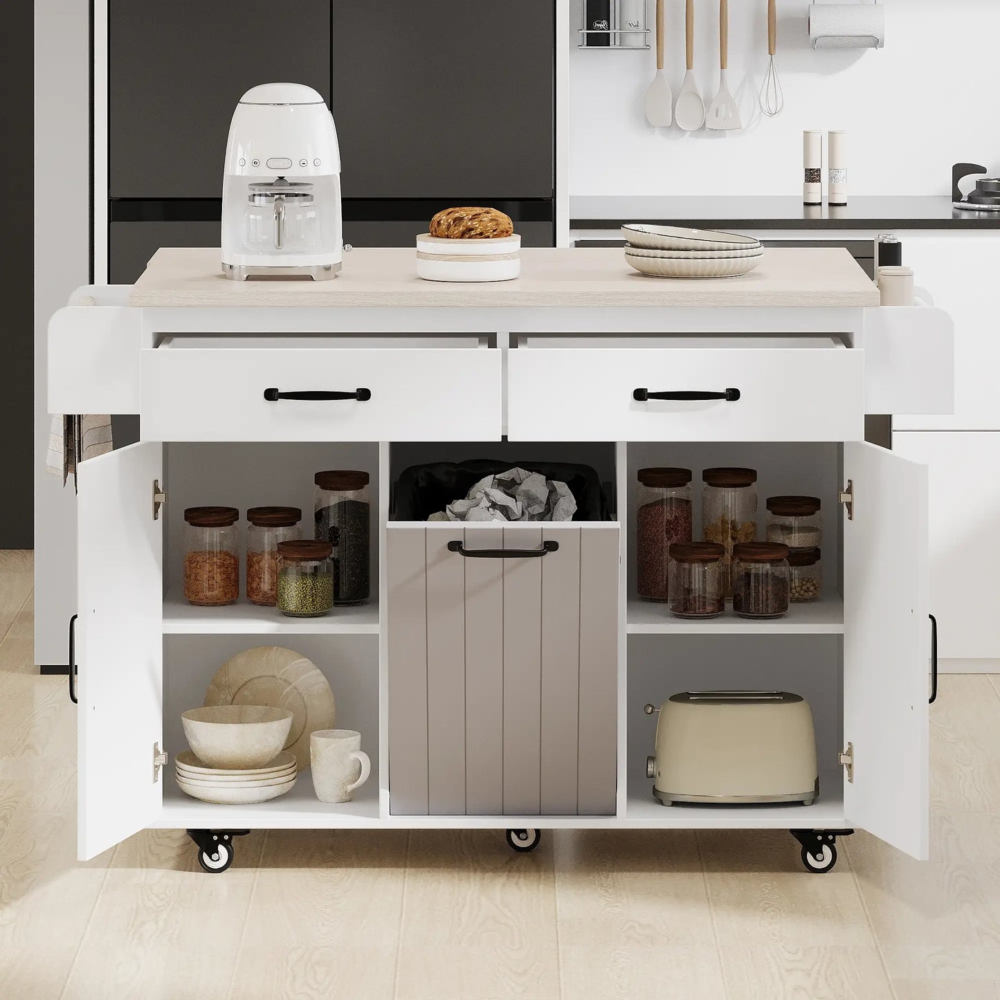Kitchen Island with Tilt-Out Trash Cabinet, Adjustable Shelf, 51" L x 20" W x 35" H, White Kitchen Islands & Kitchen Carts at Gallery Canada