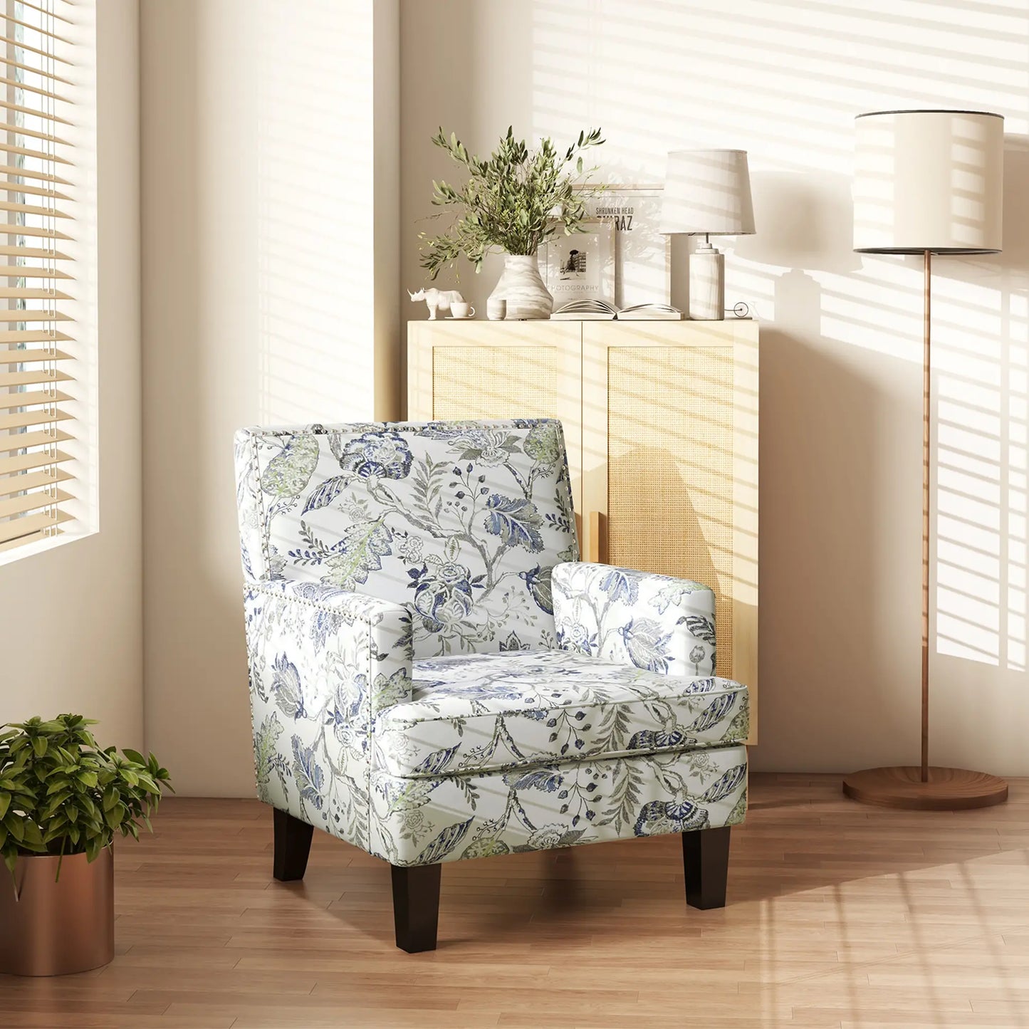 Upholstered Armchair, Mid-Century Accent Chair, Floral Pattern, Nailhead Trim, Multicolour Accent Chairs at Gallery Canada