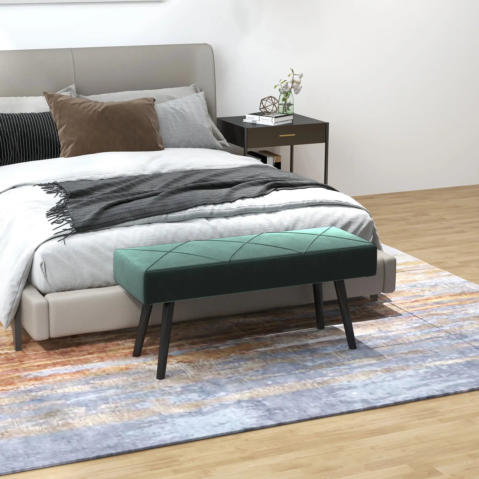 39 Inches Upholstered Bed Bench, Modern Steel Legs, Green Storage Ottomans & Benches at Gallery Canada