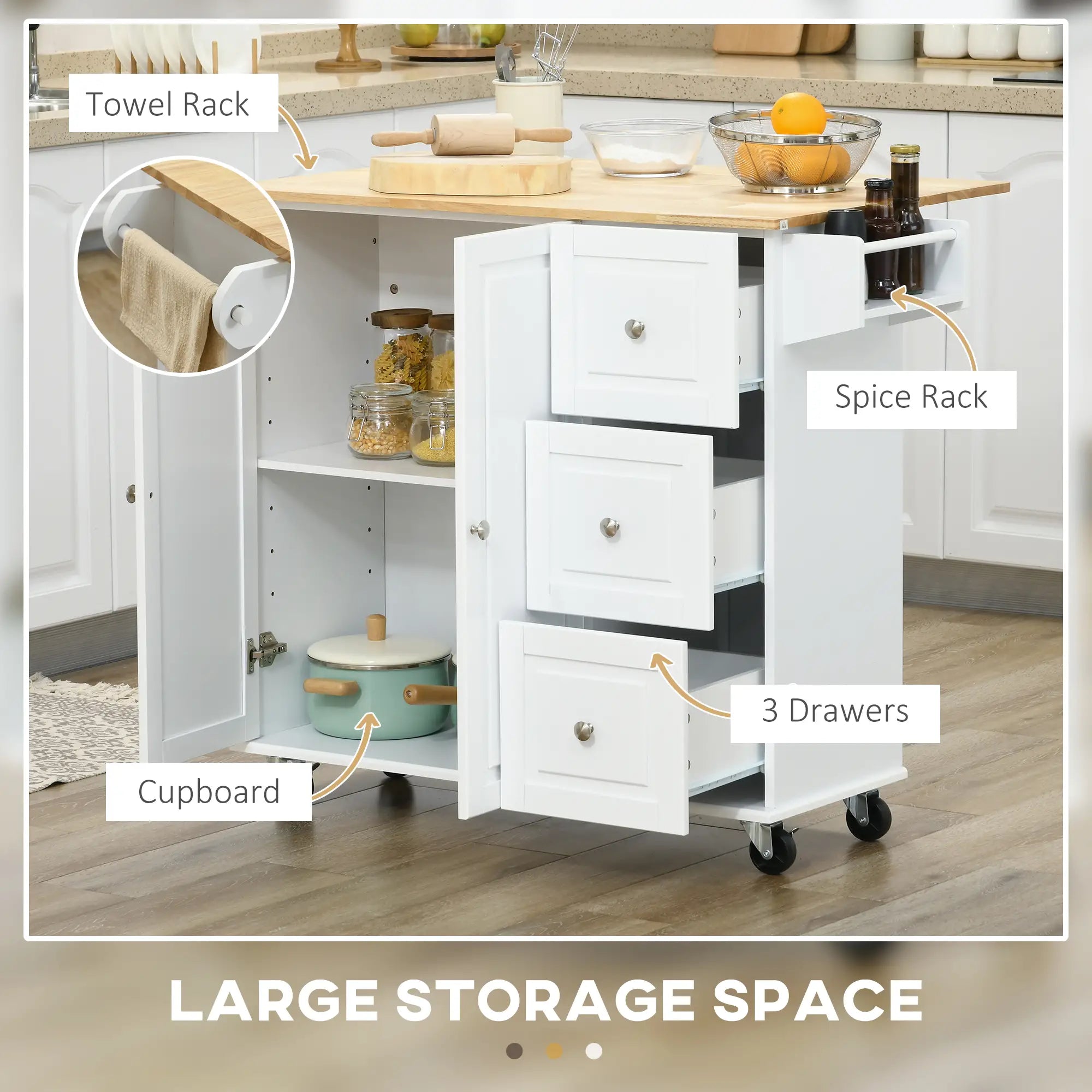 Kitchen Island with Drop Leaf, Rolling Cart, 3 Drawers, White Kitchen Islands & Kitchen Carts at Gallery Canada