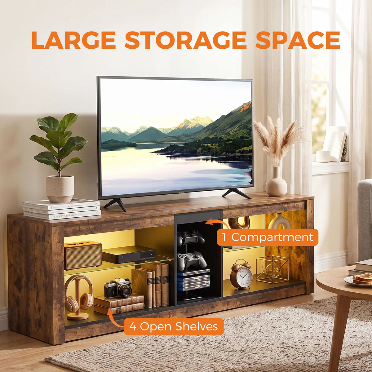 TV Stand Cabinet With LED Lights, Remote, Shelves, Rustic Brown TV Stands at Gallery Canada