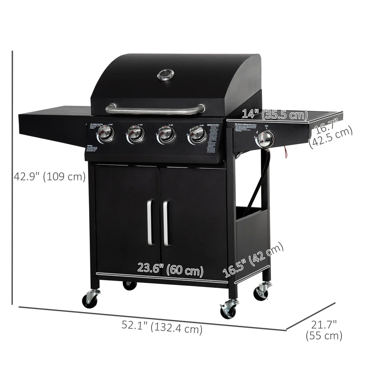 4+1 Burner LP Gas Grill Outdoor BBQ Trolley, Black