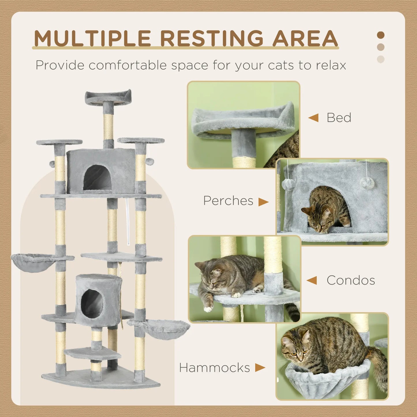 79 Cat Tree, Multi-Level with Two Condos, Scratching Posts, Hammocks, Dark Gray Floor to Ceiling Cat Trees at Gallery Canada