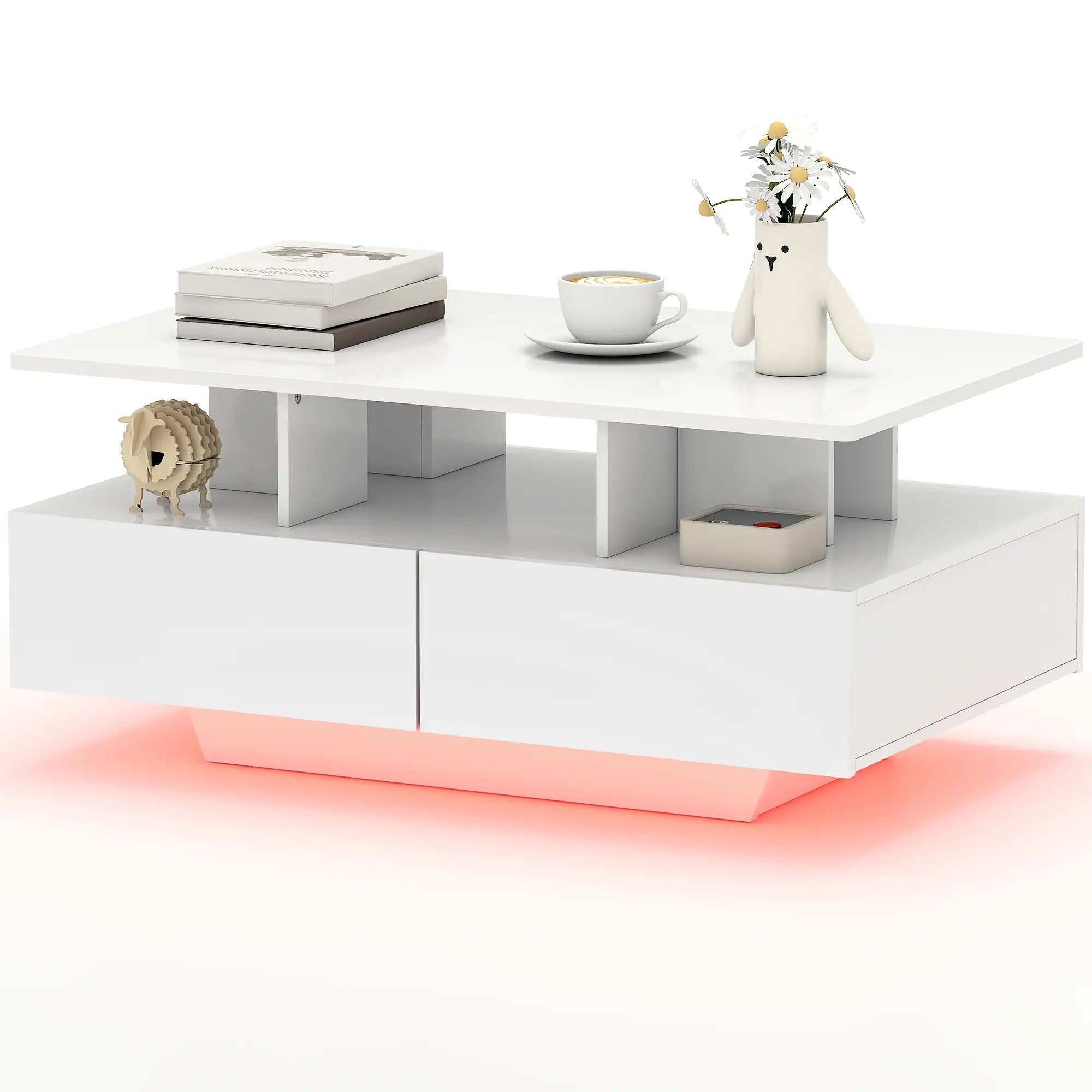 Modern Coffee Table with RGB LED Lights, 4 Drawers, Open Shelf, Remote, High Gloss White, White Coffee Tables High Gloss White at Gallery Canada