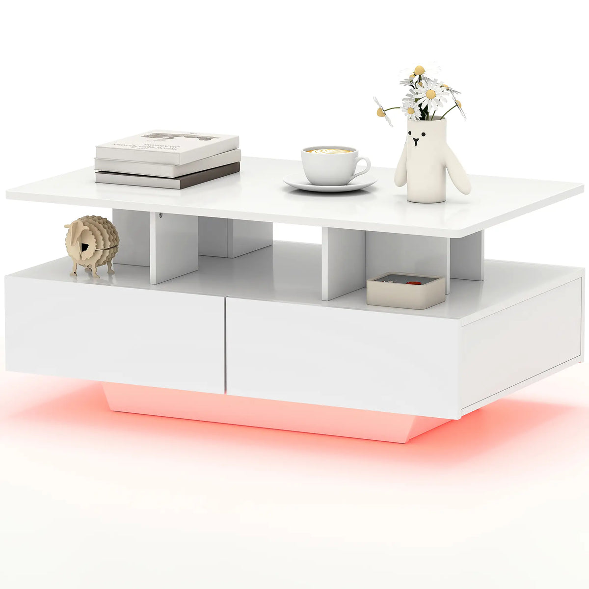 Modern Coffee Table with RGB LED Lights, 4 Drawers, Open Shelf, Remote, High Gloss White, White Coffee Tables High Gloss White at Gallery Canada