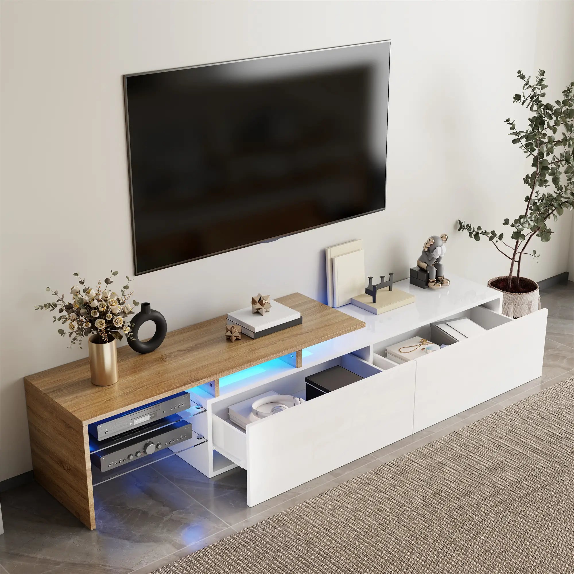 TV Stand With Glass Shelves, LED Lighting, 67