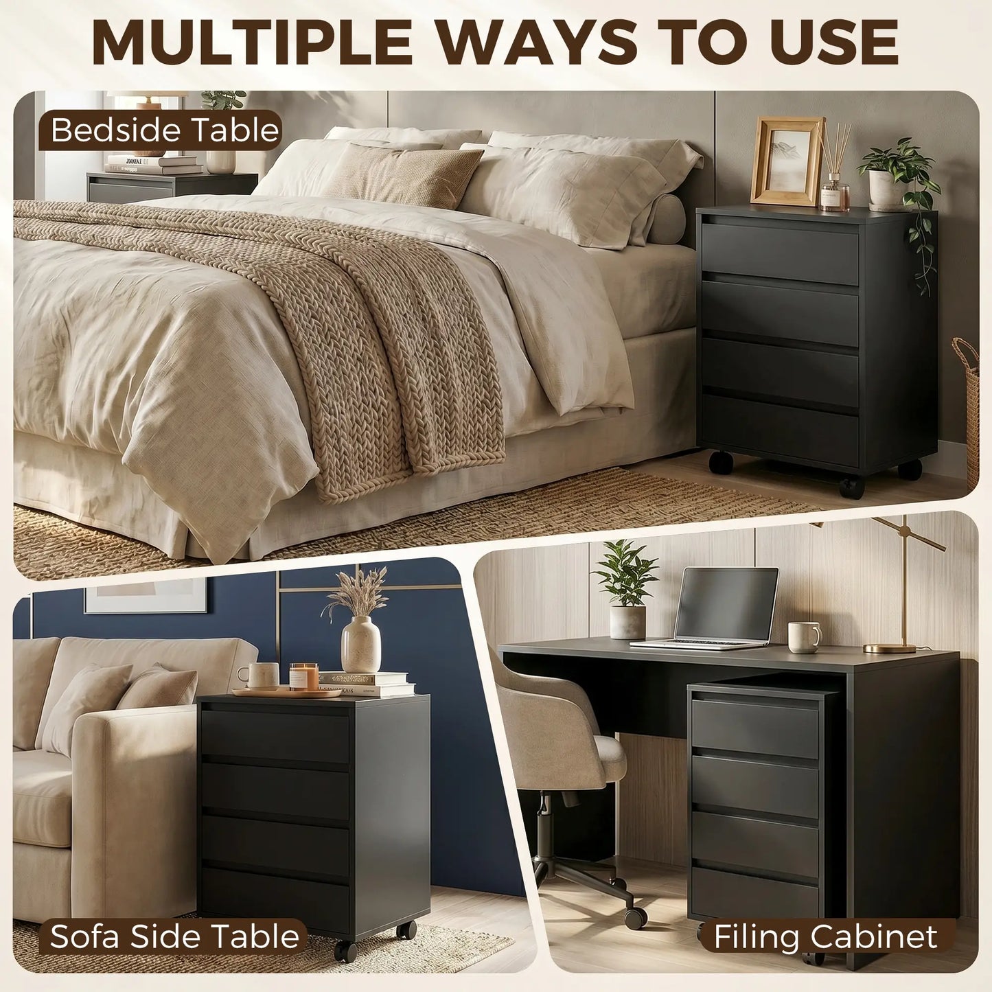 4-Drawer Vertical File Cabinet with Wheels, Black Office Cabinets & Cupboards at Gallery Canada