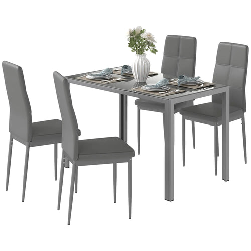 3-Piece Rectangular Glass Dining Table, Metal Frame, Faux Leather Chairs, Grey