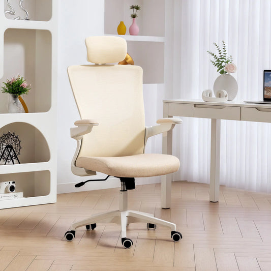 Ergonomic Office Chair, Swivel Desk Chair, Adjustable Lumbar Support, Headrest, Height, Flip-Up Armrests, Beige Task Chairs Beige, White at Gallery Canada