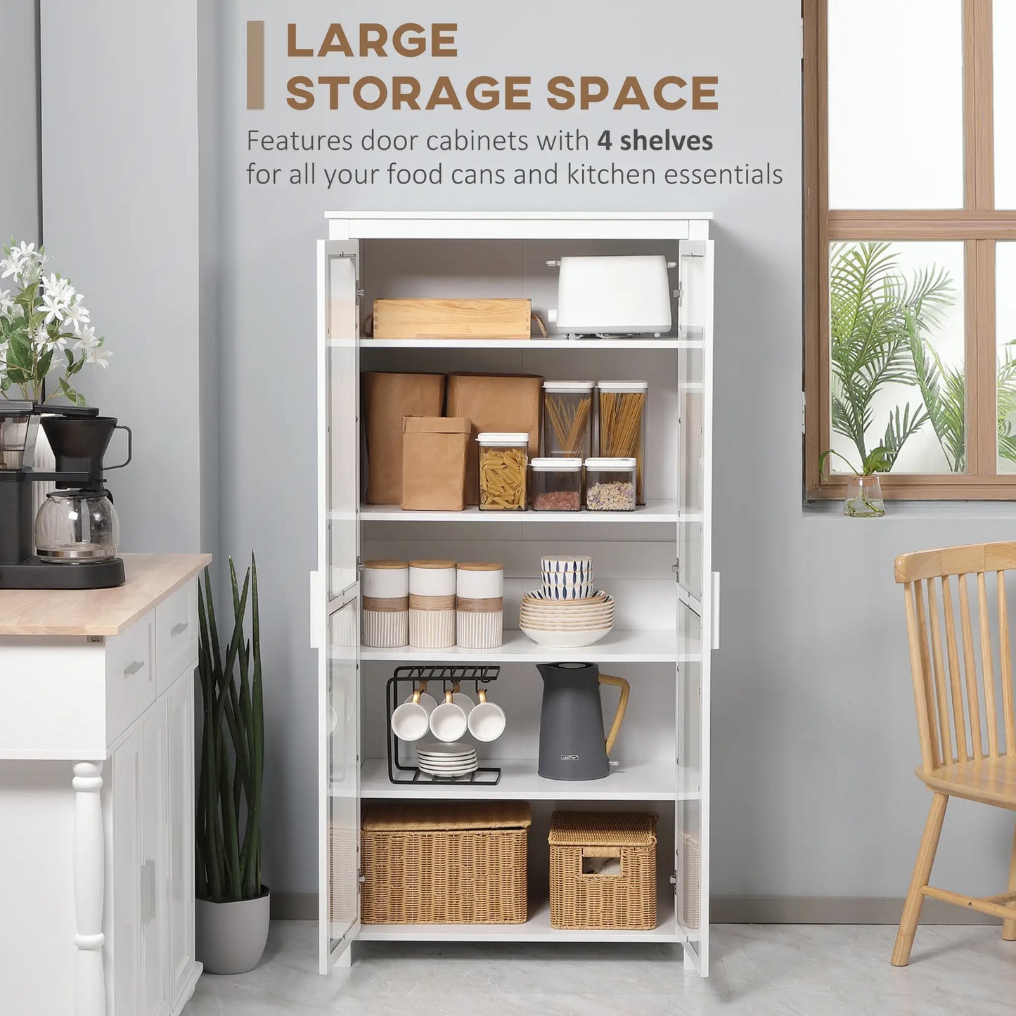 Freestanding Kitchen Pantry, 5-Tier Storage Cabinet, Adjustable Shelves, 2 Glass Doors, White Kitchen Pantry Cabinets at Gallery Canada