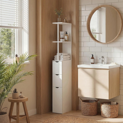 Tall Narrow Bathroom Storage Cabinet, Drawers and Open Shelves, White