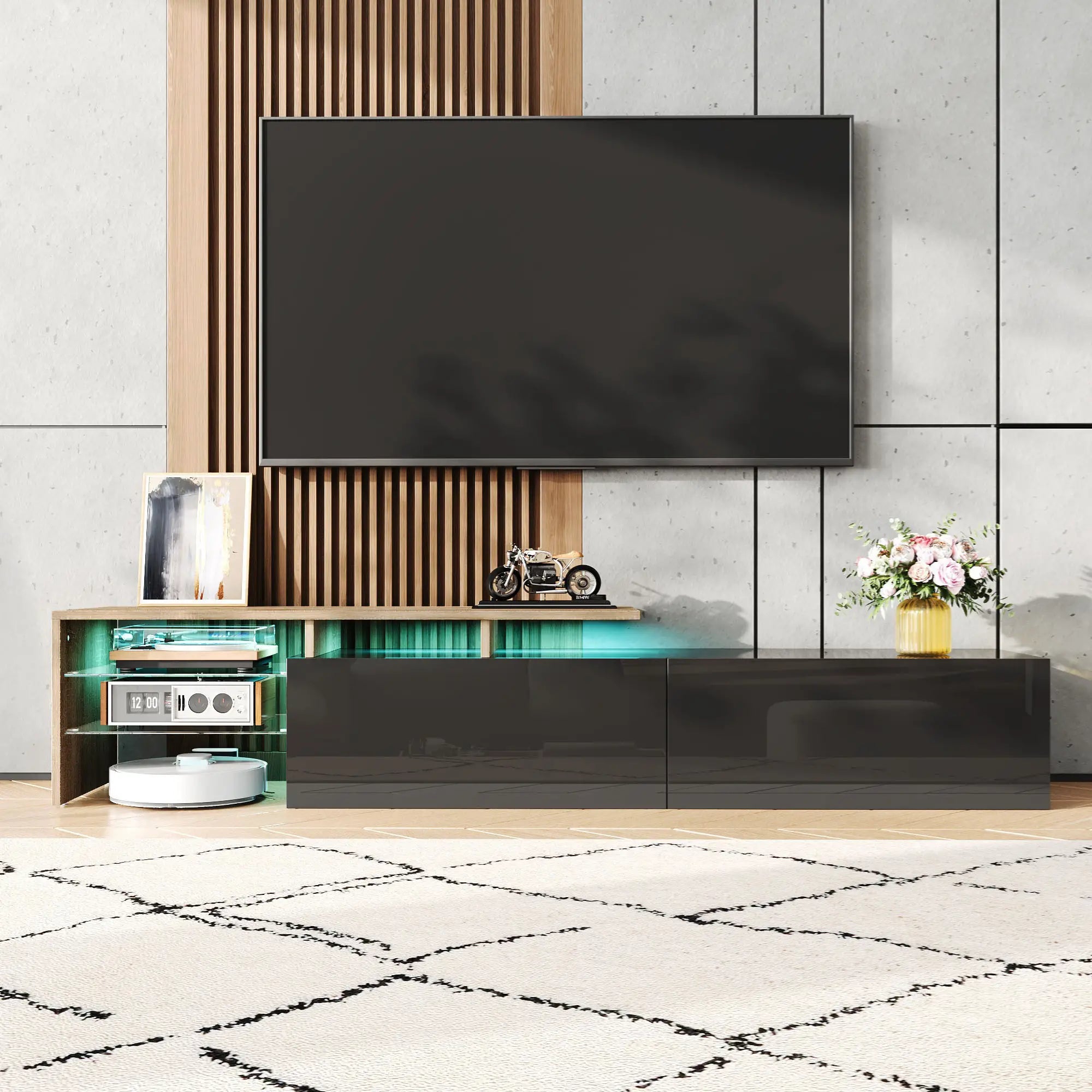TV Cabinet With Glass Shelves, LED Lighting, 67