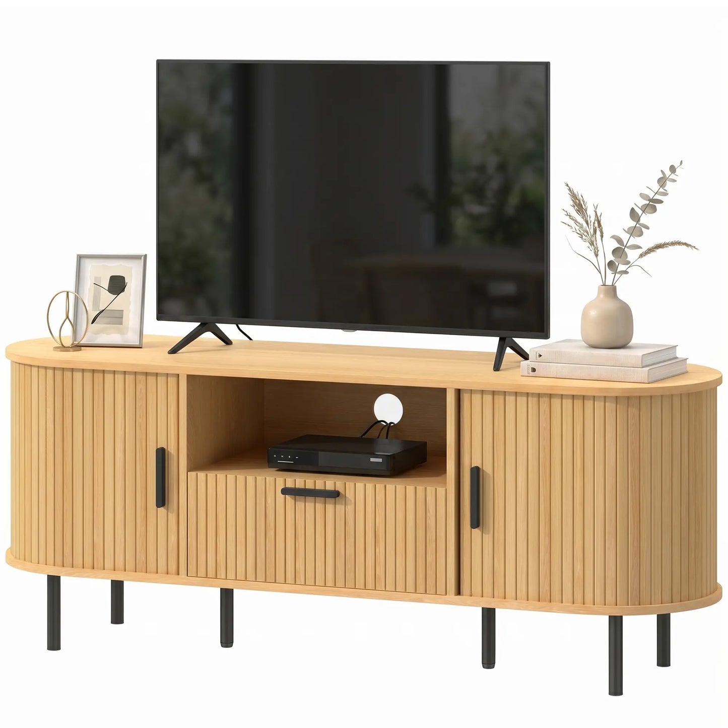 TV Stand for TVs up to 60", Modern Entertainment Center with Curved Sliding Doors and Storage, Natural Wood TV Stands Natural Wood, Black at Gallery Canada