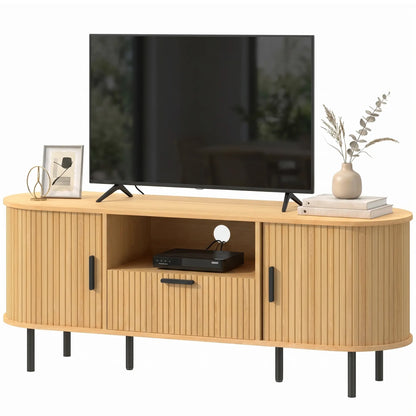 TV Stand for TVs up to 60", Modern Entertainment Center with Curved Sliding Doors and Storage, Natural Wood TV Stands Natural Wood, Black at Gallery Canada