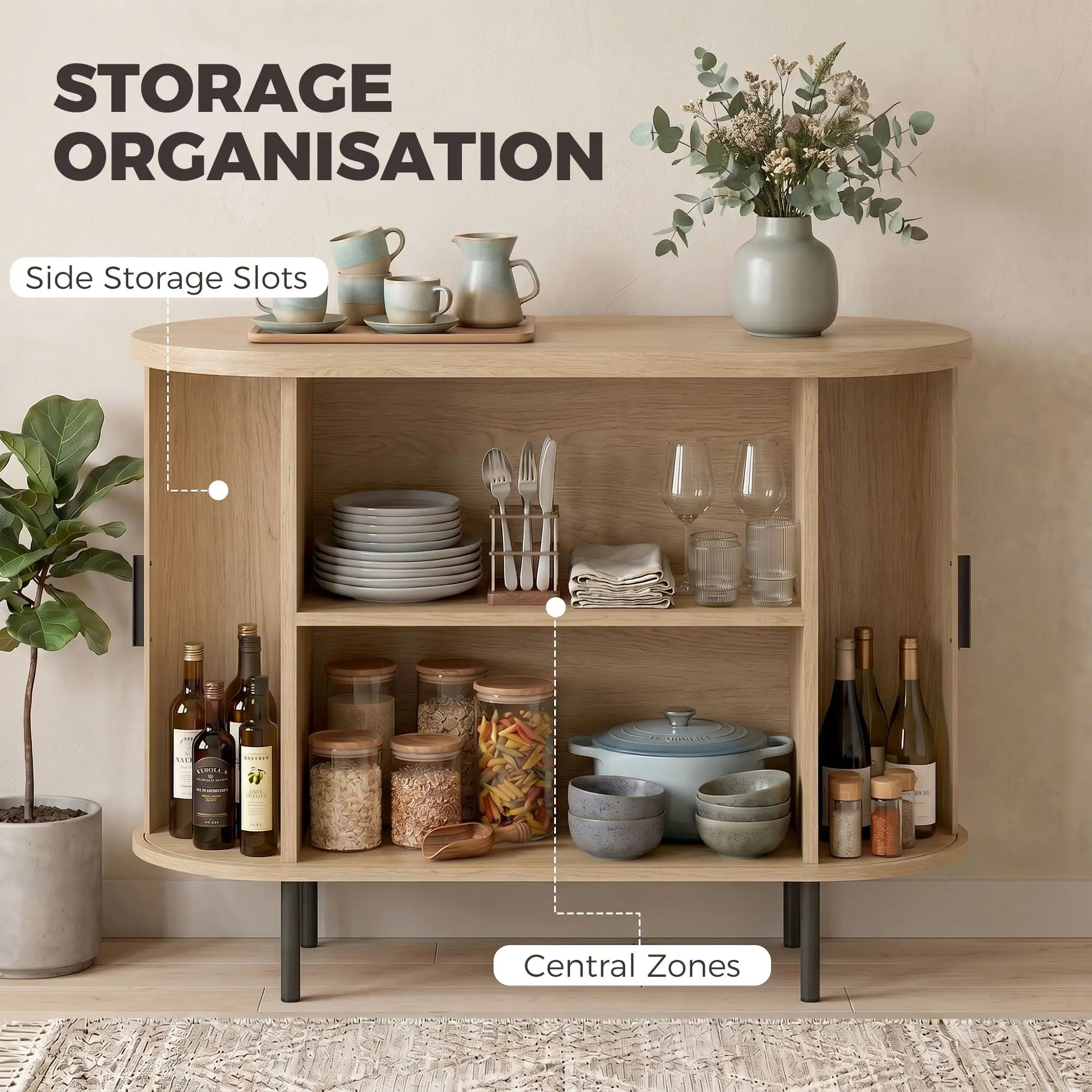 Sideboard Buffet Cabinet with Curved Tambour Doors, Natural Wood, Natural Wood Storage Cabinets at Gallery Canada
