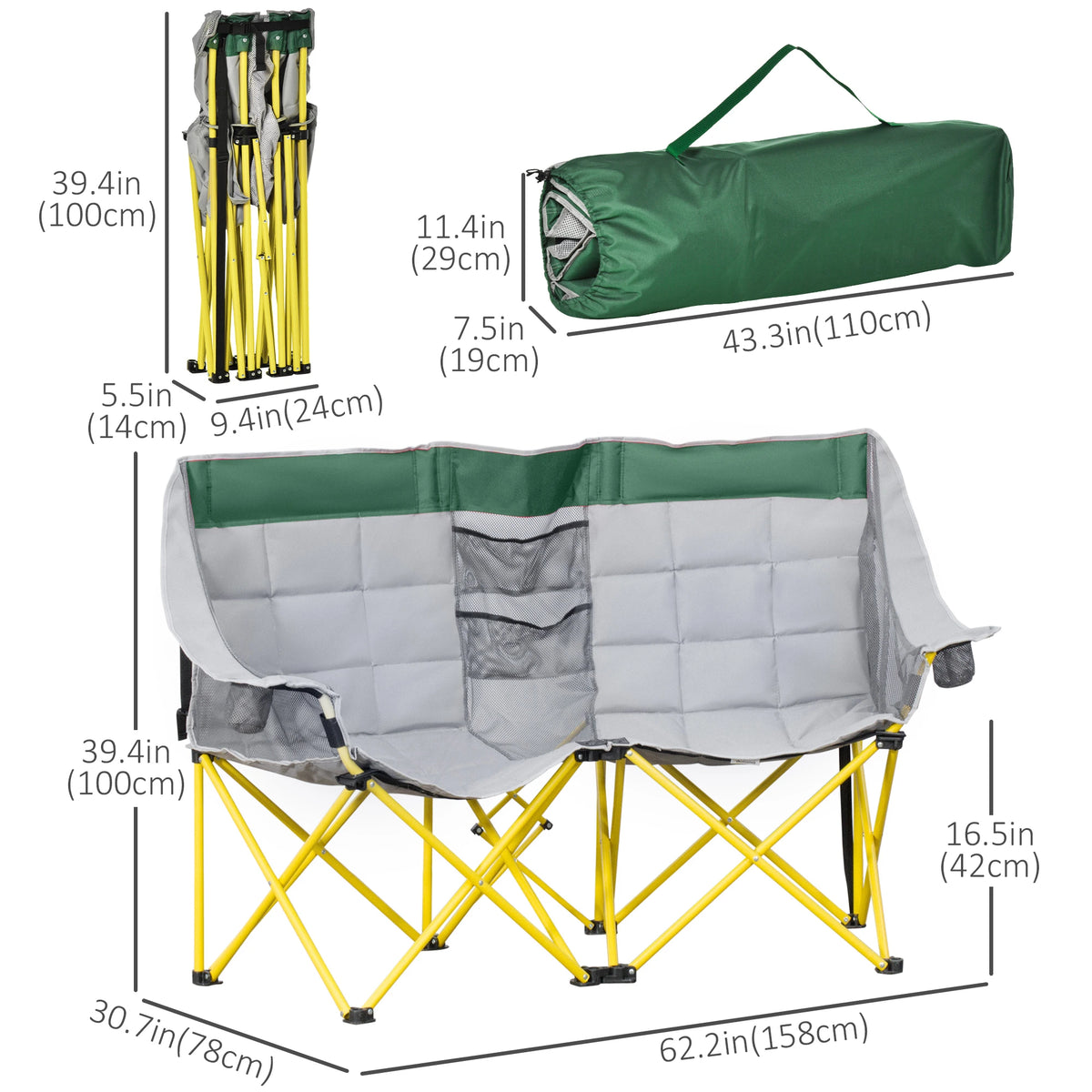 62" W Double Camping Chair Folding Loveseat With Storage, Cup Holder, Green Picnic Tables & Camping Chairs at Gallery Canada
