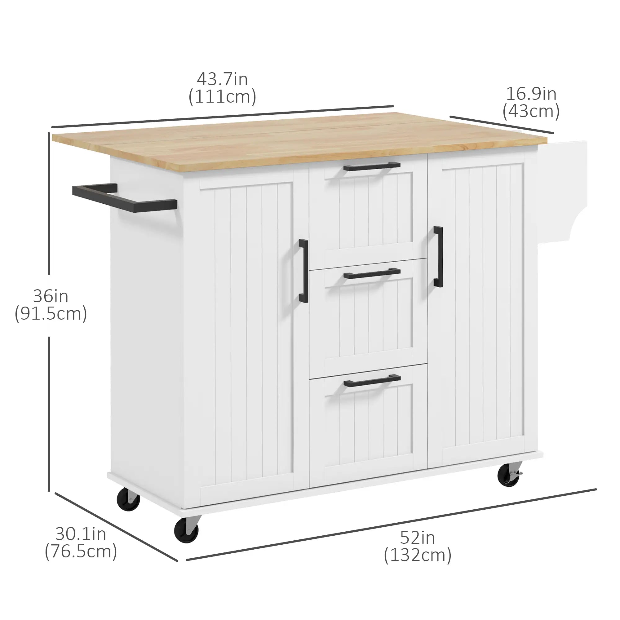 Rolling Kitchen Cart, Drop Leaf, 3 Drawers, Solid Wood Top, Towel Rack, White Kitchen Islands & Kitchen Carts at Gallery Canada