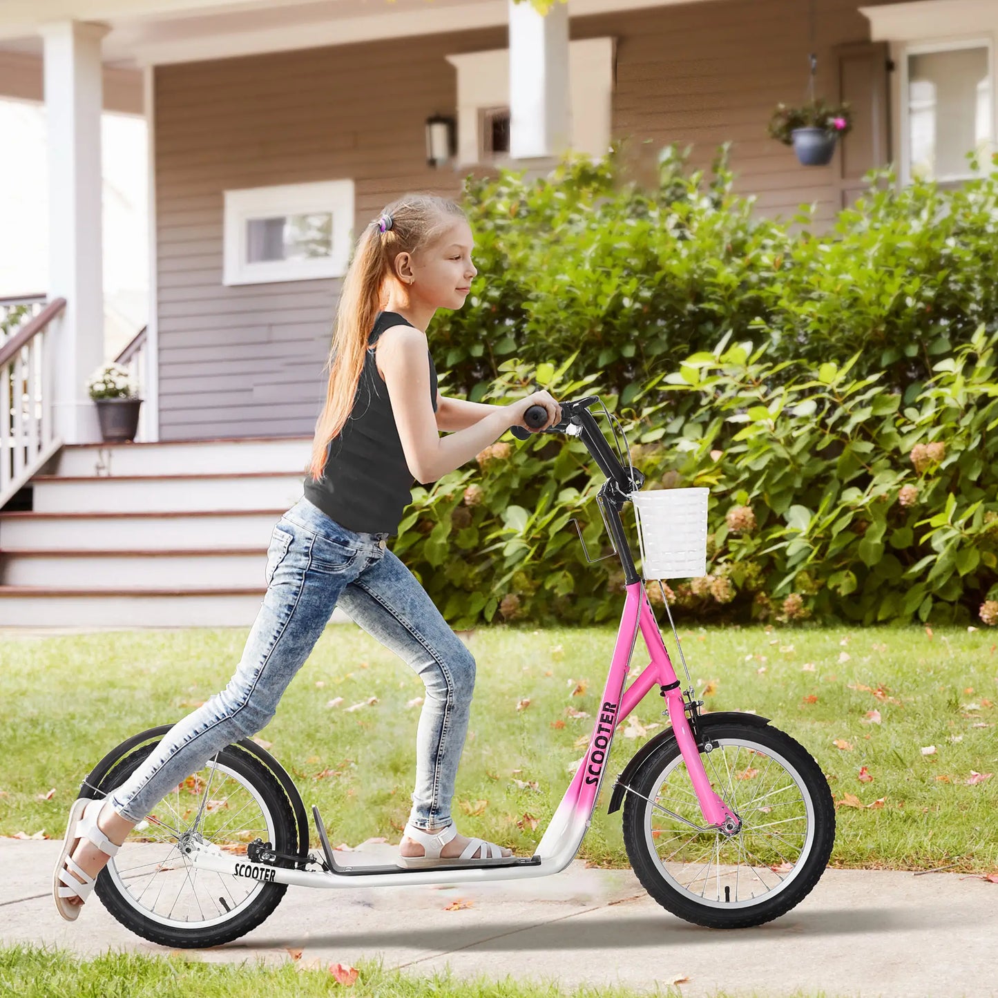 Kids Kick Scooter, Adjustable Handlebar, 2 Brakes, Basket, 16", Pink Scooters at Gallery Canada