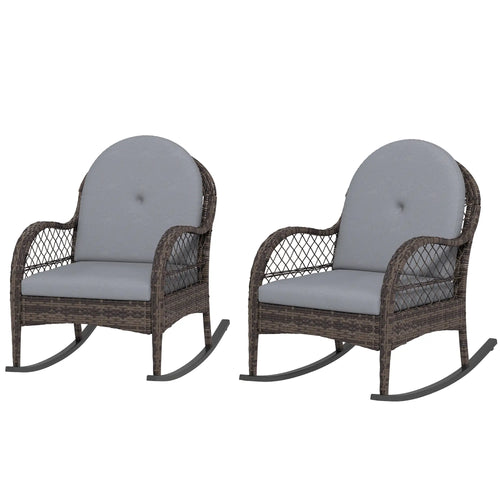 2 Wicker Rocking Patio Chairs, Indoor Outdoor Set with Cushions, Grey
