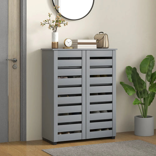 Shoe Storage Cabinet, 2 Slatted Doors, Holds 15 Pairs, Dark Grey