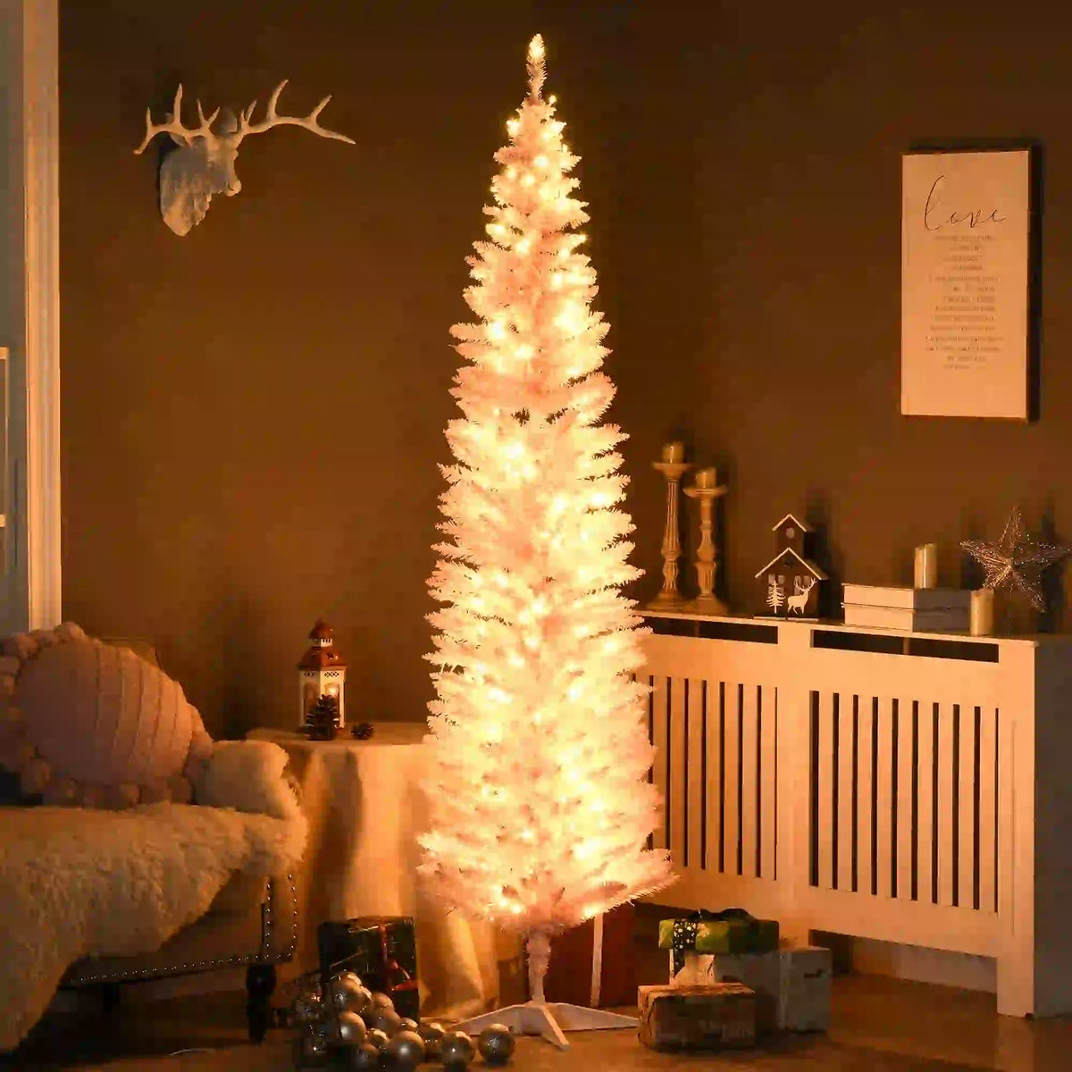 7' Pre Lit Artificial Pencil Christmas Tree, Warm White LED Lights, Pink Pencil Christmas Trees at Gallery Canada