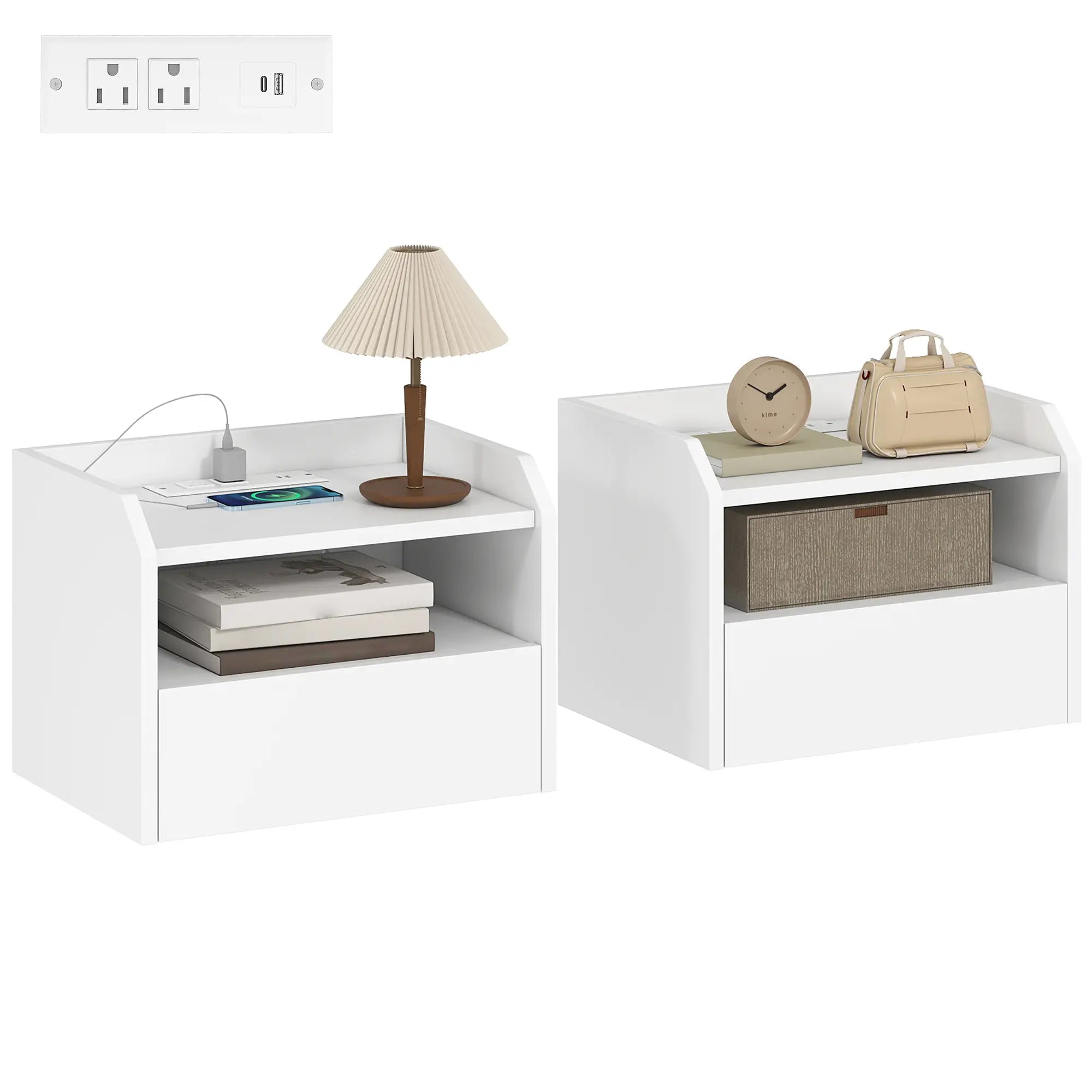 Wall Mounted Bedside Table Set of 2, Charging Station, Drawer, Shelf, White Bedside Tables at Gallery Canada