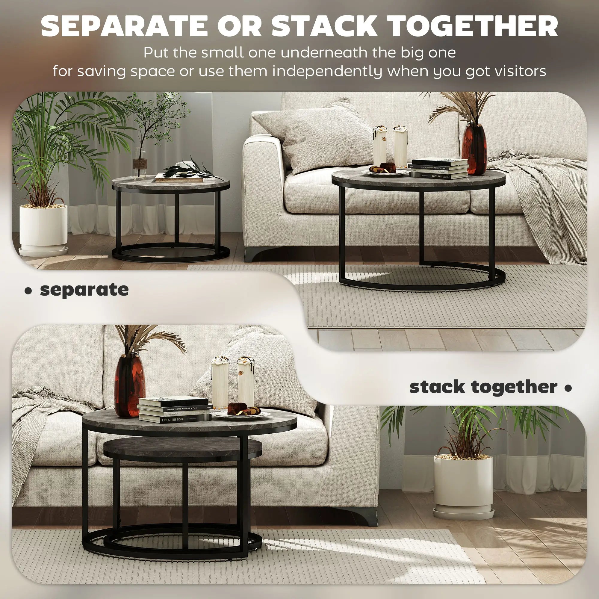Modern Coffee Table Set of 2, Nesting Side Tables, Metal Base, Faux Marbled Grey, Grey Coffee Tables at Gallery Canada