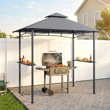 8' x 5' BBQ Grill Gazebo Tent, Double Tiered Canopy, Outdoor Sun Shade, Grey