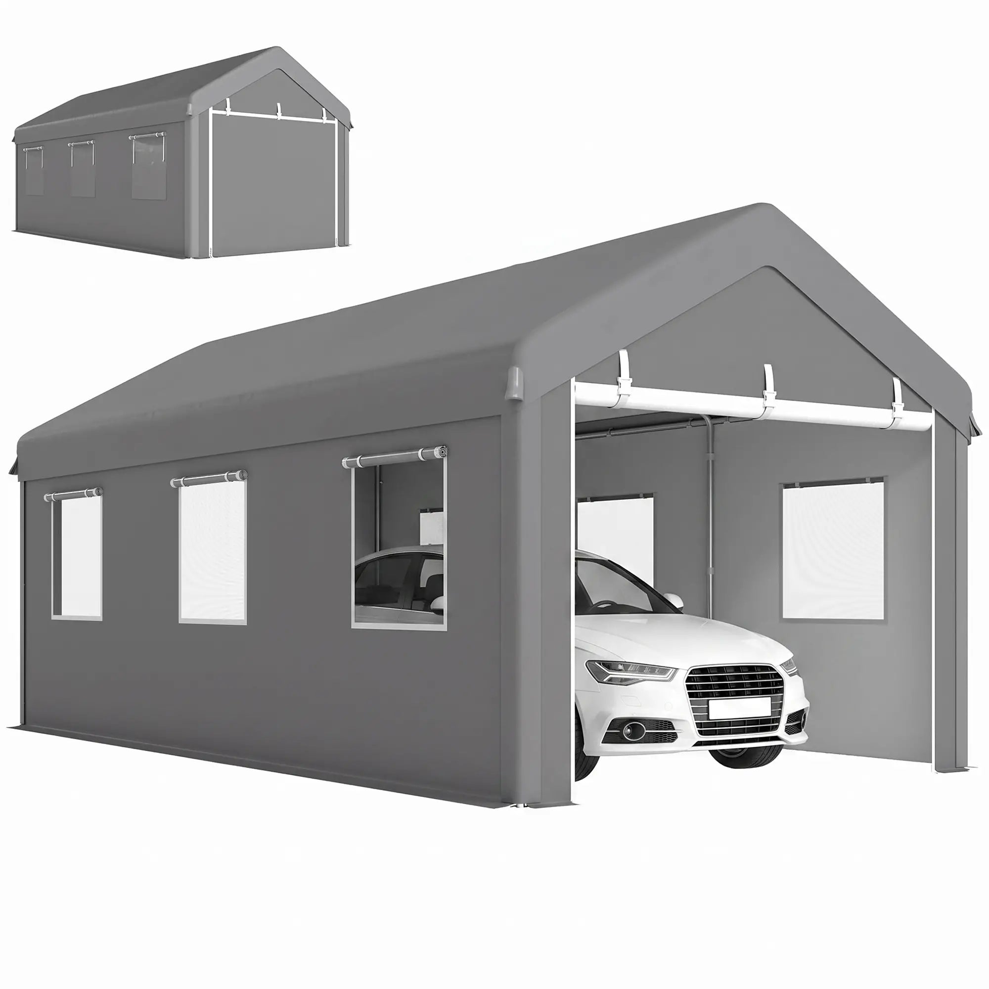 10' x 20' Heavy Duty Carport, Portable Garage, 6 Mesh Windows, 2 Doors, Grey Car Shelters at Gallery Canada
