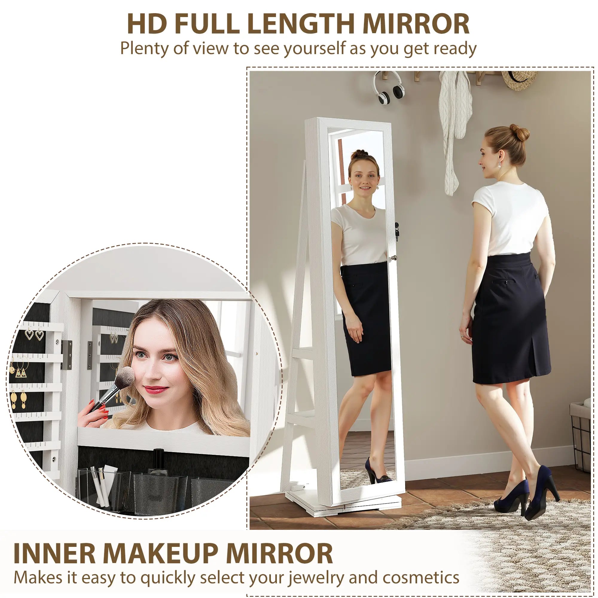 360° Swivel Jewelry Armoire, Lockable Mirror Cabinet, White Jewelry Armoire & Jewellery Mirror Cabinets at Gallery Canada