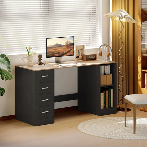 55 Inch Office Desk, Black Wood Grain, 4 Reversible Drawers, Mobile PC Stand, Black