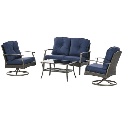 4 Pcs PE Rattan Wicker Sofa Set, Outdoor Conversation Furniture, Navy Blue Patio Furniture Sets Brown Wicker, Navy Blue Fabric at Gallery Canada