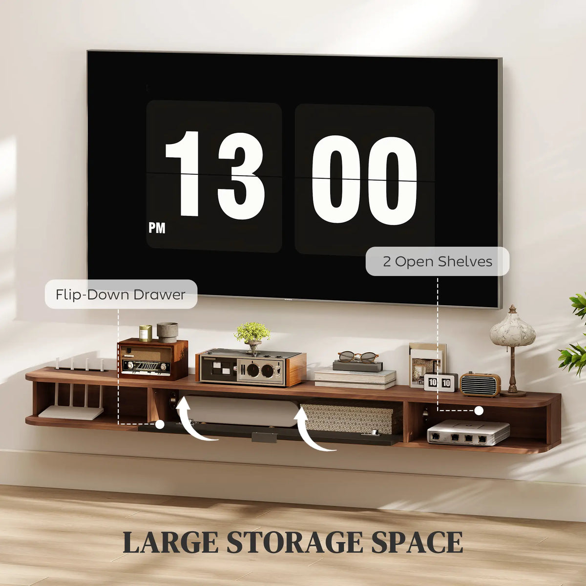 71" Floating TV Stand, Wall Mounted Media Console, Flip Drawer, 2 Open Shelves, Walnut TV Stands at Gallery Canada