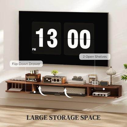 71" Floating TV Stand, Wall Mounted Media Console, Flip Drawer, 2 Open Shelves, Walnut TV Stands at Gallery Canada