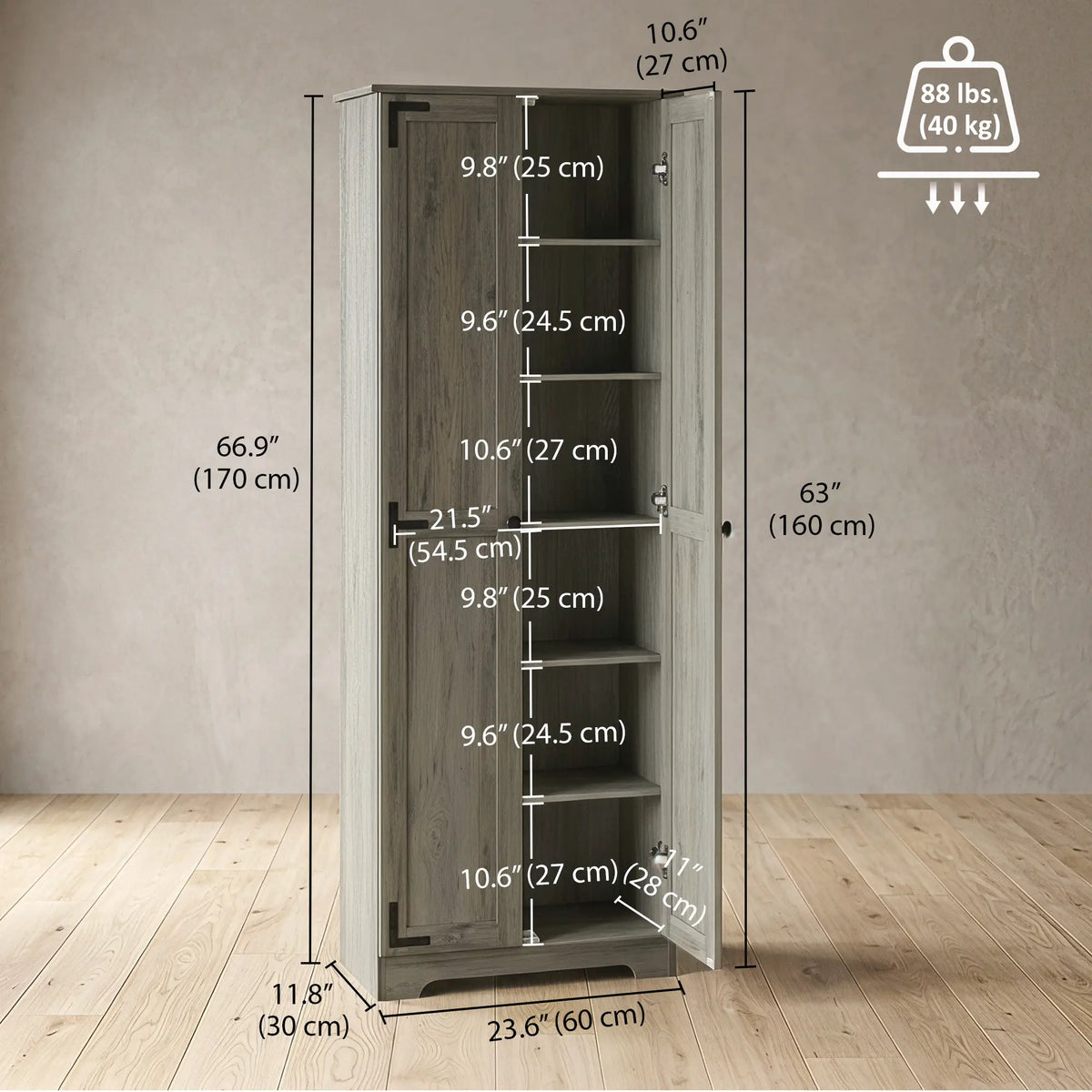 67" Farmhouse Pantry Cabinet, 2 Doors, Adjustable Shelves, Distressed, Grey Storage Cabinets at Gallery Canada