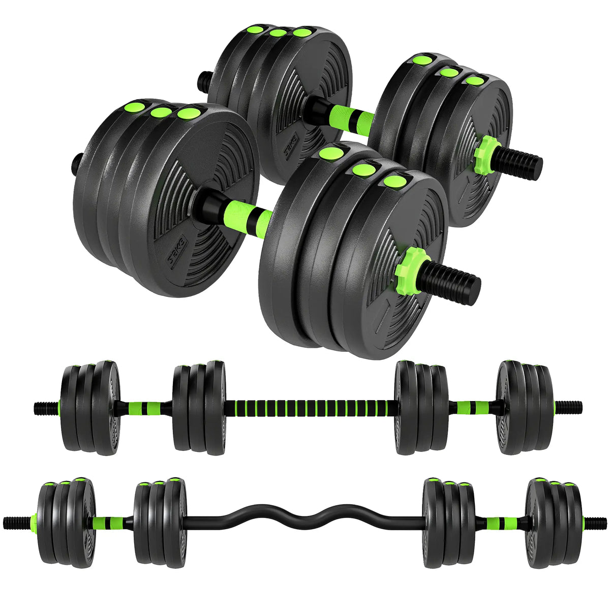 Adjustable Dumbbell Set, 3 in 1 Weights, 55lb with Connector, Non-Slip Grip Dumbbells & Barbells Green at Gallery Canada