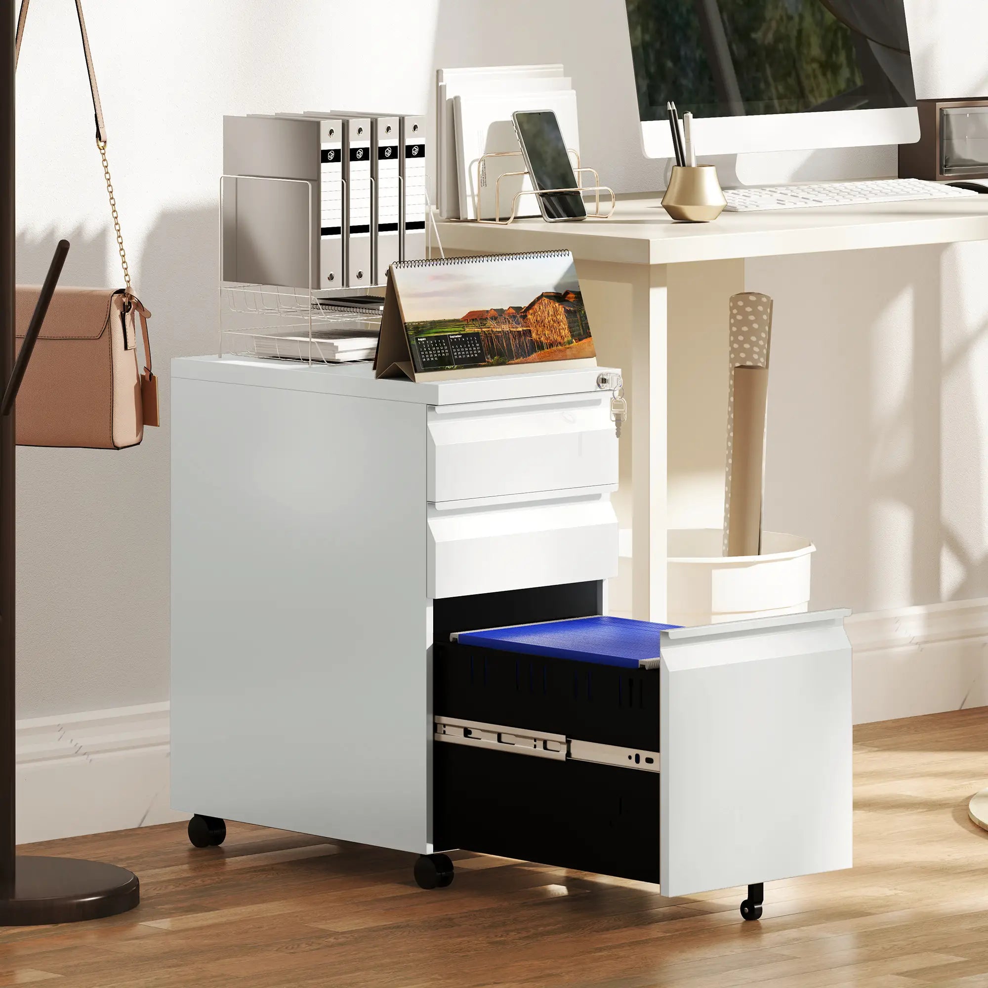 3 Drawer Steel Filing Cabinet with Lock, Hanging Bar, White Office Cabinets & Cupboards at Gallery Canada