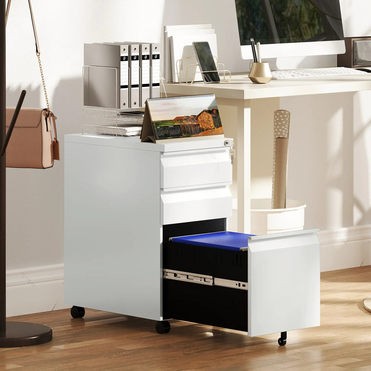 3 Drawer Steel Filing Cabinet with Lock, Hanging Bar, White Office Cabinets & Cupboards at Gallery Canada