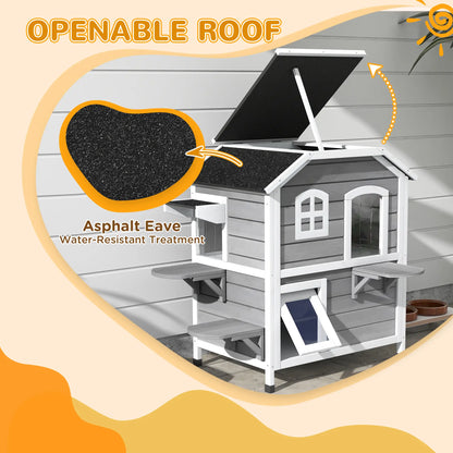 2-Storey Outdoor Cat House, Wooden Catio, Openable Roof, Grey Cat Houses at Gallery Canada