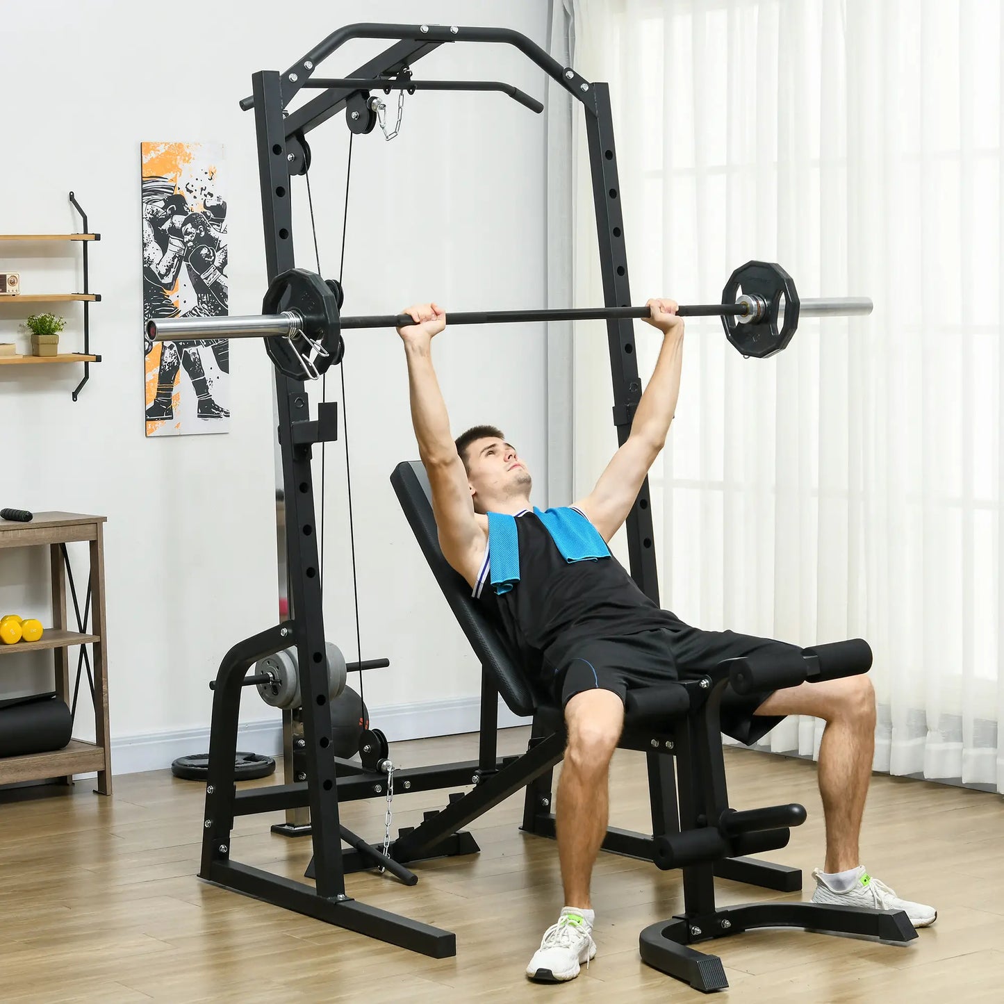 Smith Machine, Power Cage w/ Adjustable Bench, Barbell Bar, Cable Pulley, 15-Level Squat Rack Power Towers at Gallery Canada