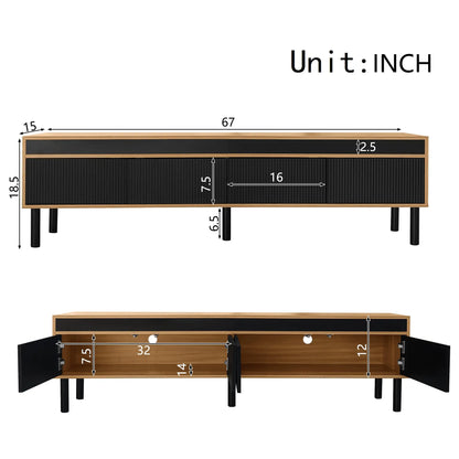 Elegant Stripe Design Stand, Sturdy Wooden Legs, 3 Doors, 67" L x 15" W x 18.5" H, Natural, Black TV Stands at Gallery Canada