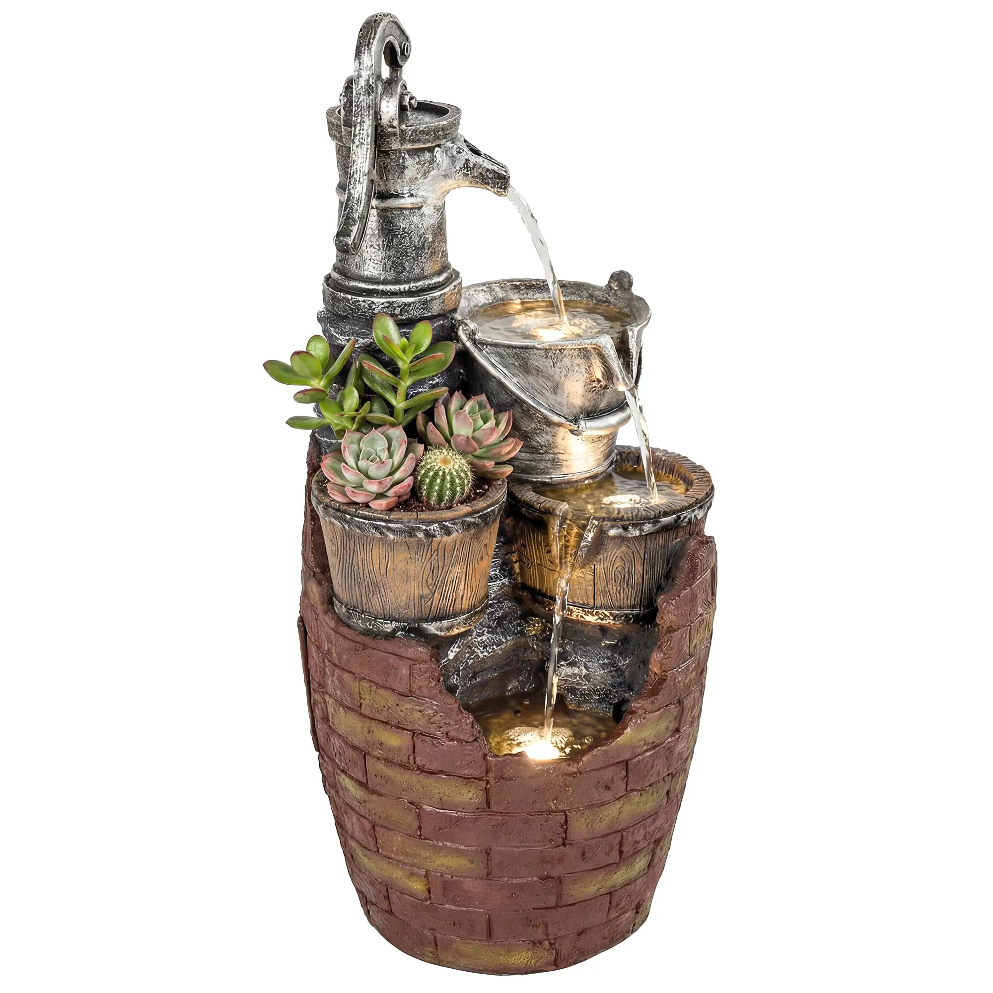 4-Tier Outdoor Fountain With Planter, Cascading Waterfall, LED Lights, Rustic Brown And Grey Water Fountains Rustic Brown, Grey at Gallery Canada