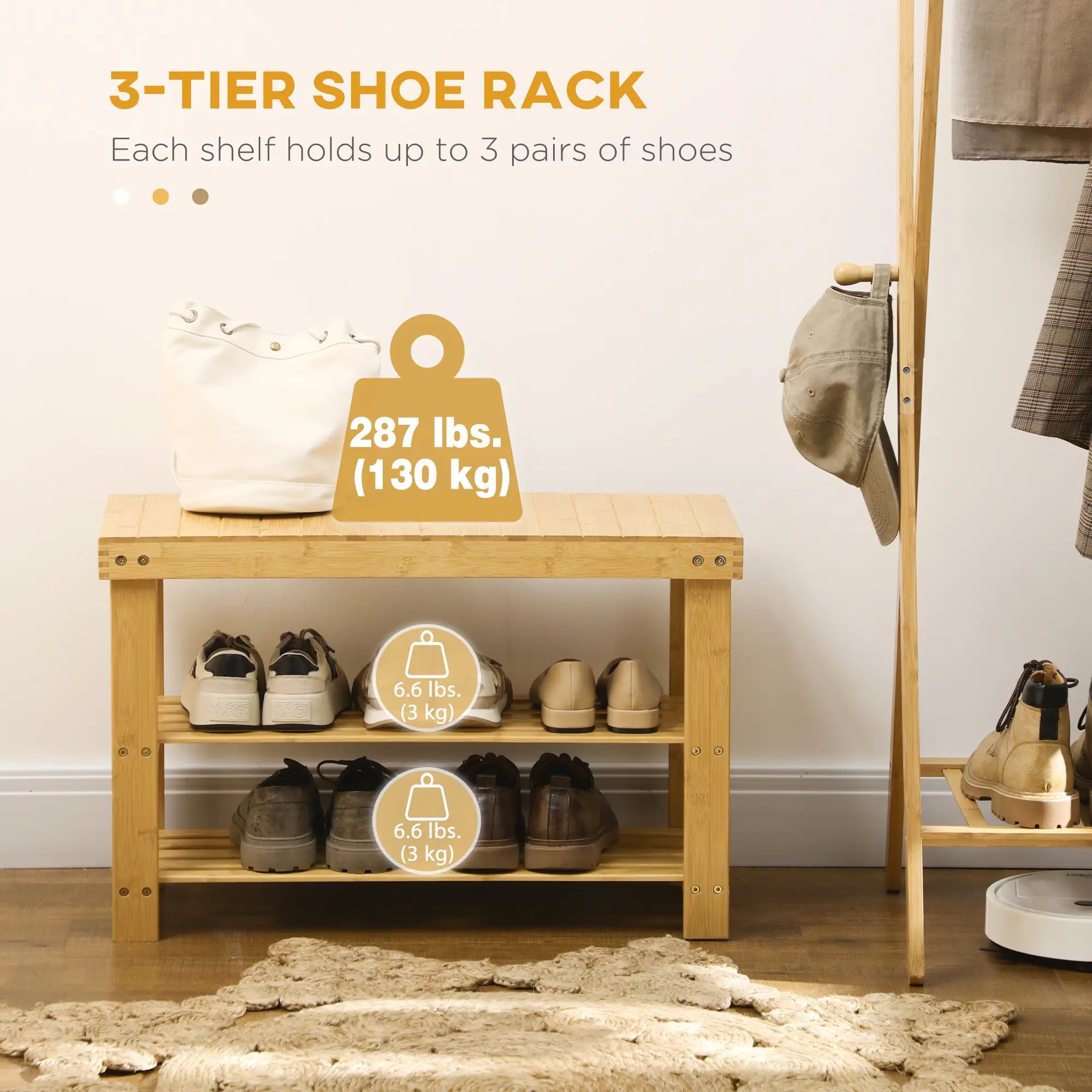 3-Tier Bamboo Shoe Bench, Natural Wood, 2 Shelves Shoe Storage Cabinets & Racks at Gallery Canada