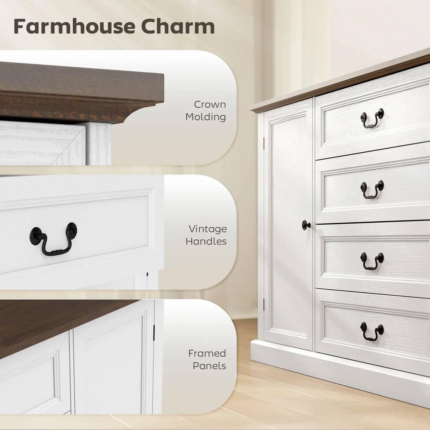 Farmhouse Sideboard with Charging Station, 58" Buffet Cabinet, White Storage Cabinets at Gallery Canada