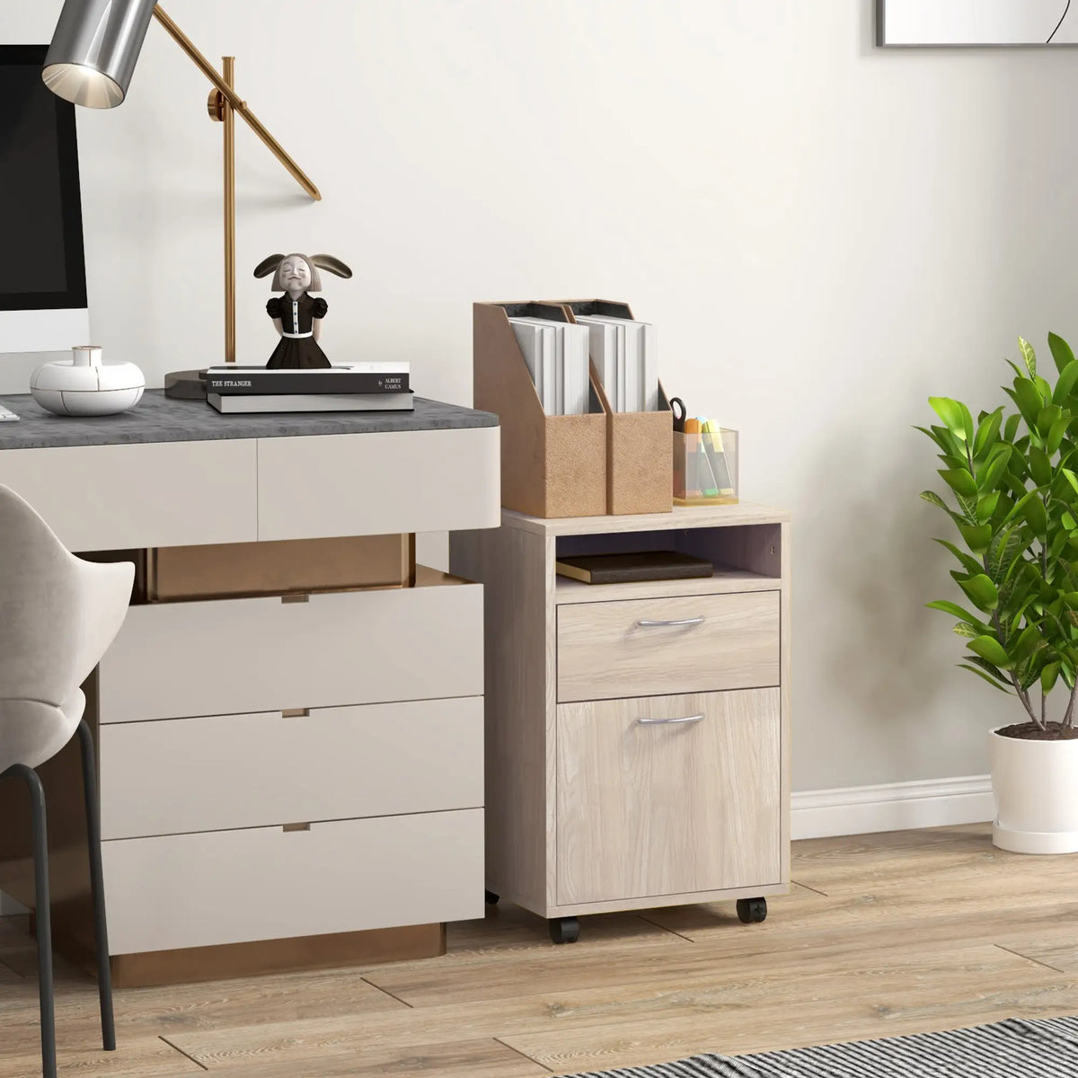 24" Small Filing Cabinet, Open Compartment, Drawer, Wheels, Oak Office Cabinets & Cupboards at Gallery Canada