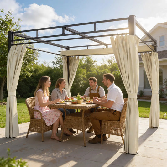 10' x 10' Outdoor Gazebo, Retractable Pergola Canopy With Curtains, Beige Pergolas Black, Beige at Gallery Canada