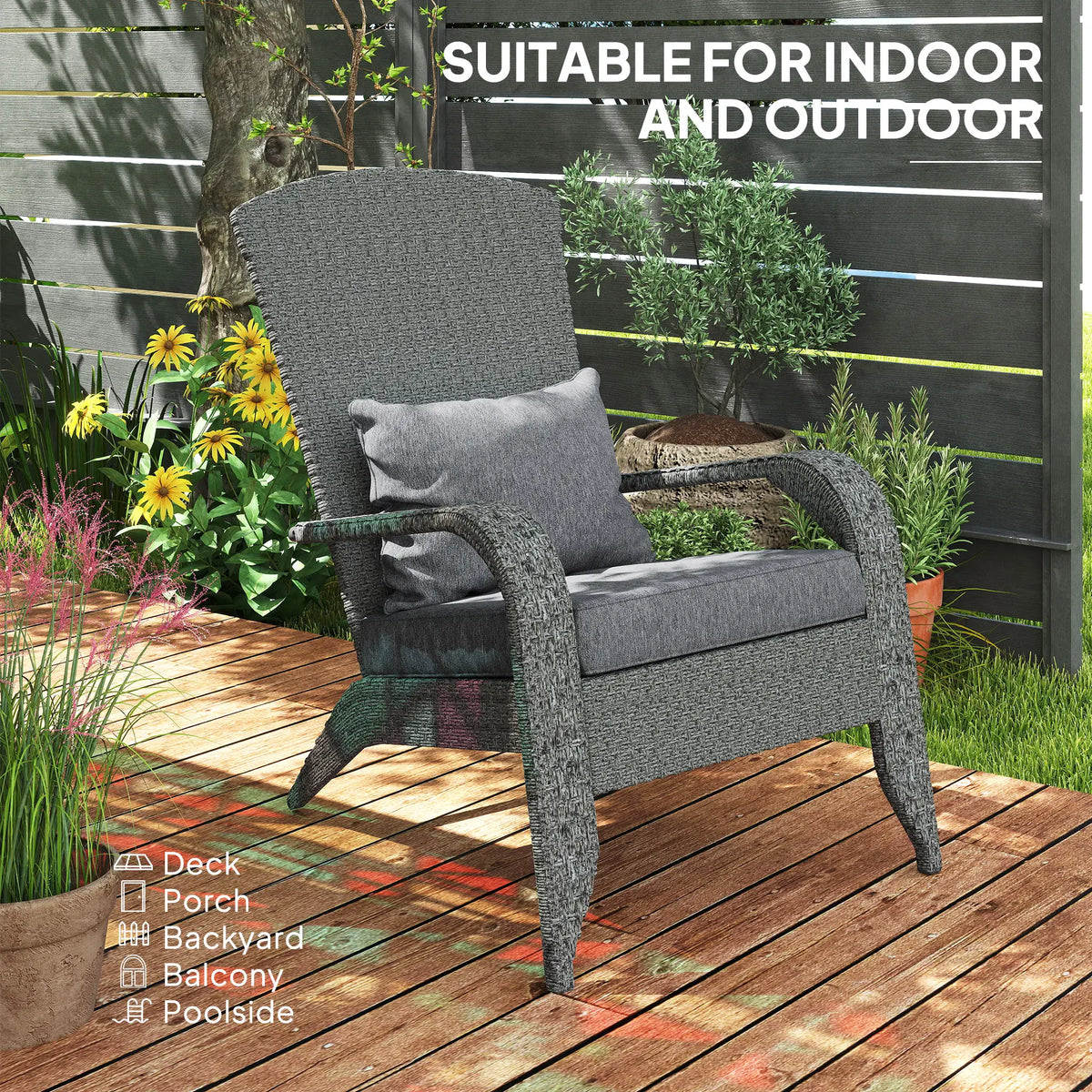Wicker Adirondack Chair, PE Rattan Outdoor Fire Pit Chair, Heather Grey