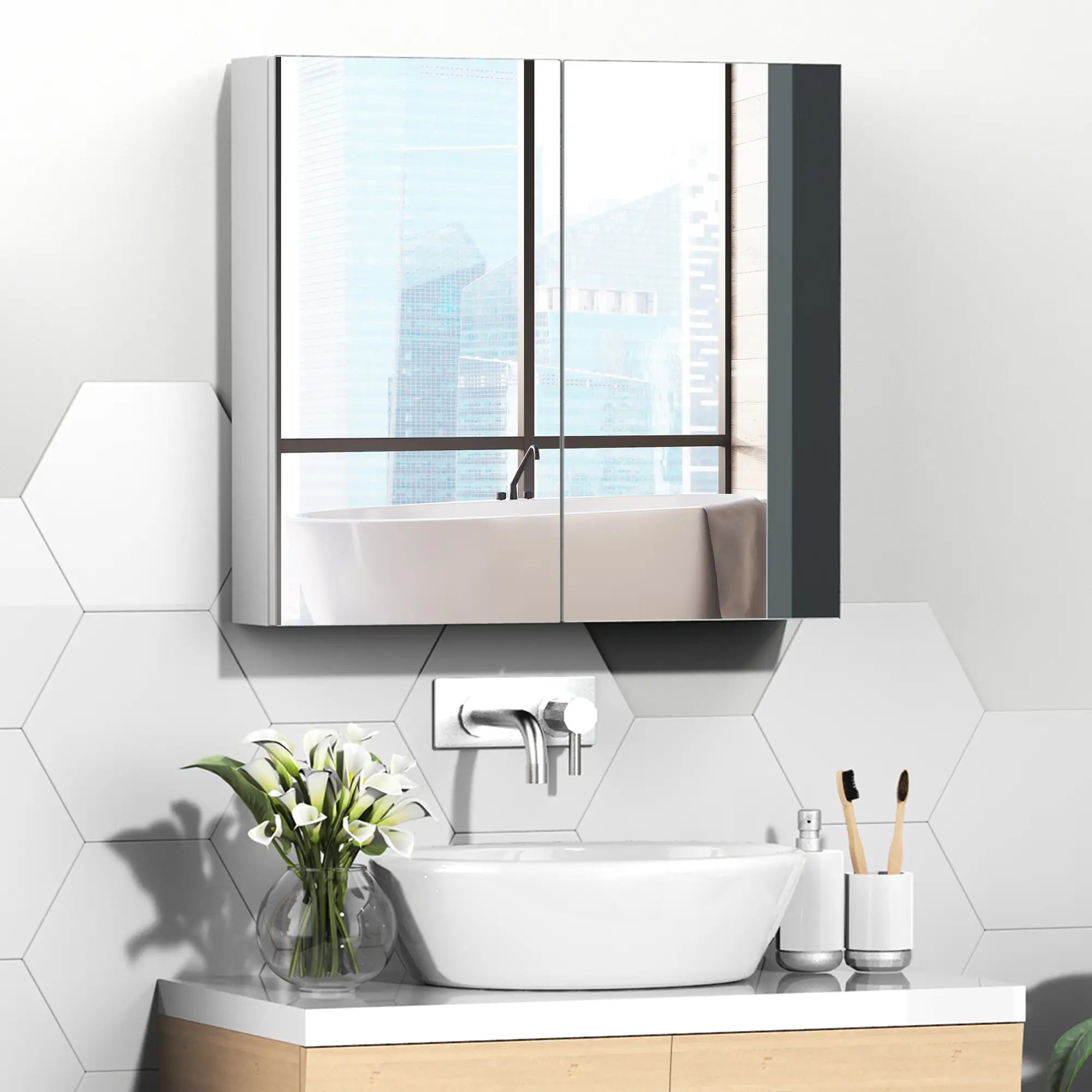 Wall Mounted Mirror Cabinet, Bathroom Medicine, 2 Doors, 3-Tier Shelving, White Mirror Medicine Cabinets at Gallery Canada