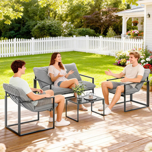 4 Piece Outdoor Furniture Set, Patio Conversation Set, Light Grey