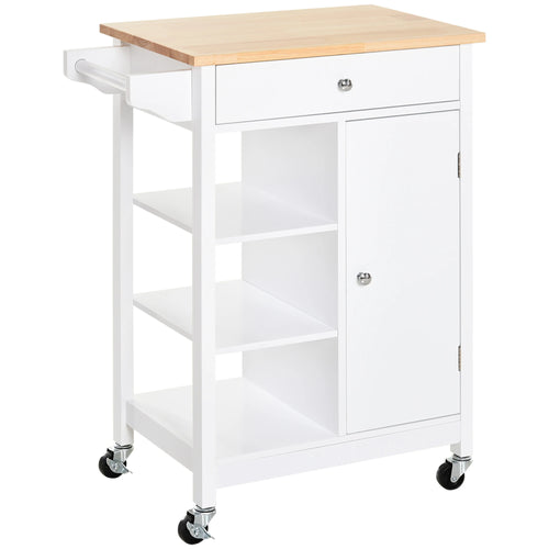 Modern Rolling Kitchen Island Cart, Natural Wood Top, White